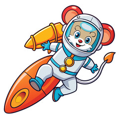 Happy cartoon mouse astronaut rockets through stars, exploring the universe with excitement