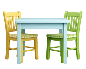 Children study table with pastel blue finish and two colorful wooden chairs, one yellow and one green, with cheerful checkered cushions, perfect for playful learning spaces