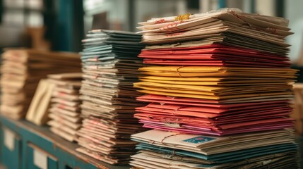 Fototapeta premium Colorful Stacked Envelopes in a Vintage Post Office Setting