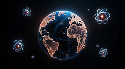 Digital earth globe with atom models floating around, representing global technology, science, and interconnectedness in a futuristic and abstract design against a dark background
