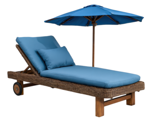 Wicker lounge chair with blue cushion and matching blue umbrella, perfect for relaxing at beach or poolside, evokes calm and inviting summer atmosphere