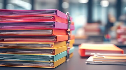 Colorful Stacked Folders in a Busy Office Environment