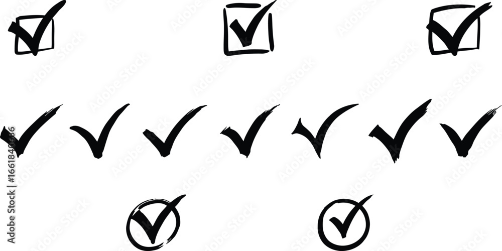 Aufkleber hand drawn check marks and tick boxes collection in black ink for marking tasks and approvals vector