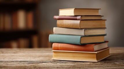 Fototapeta premium Stacked Hardcover Novels on Wooden Desk for Cozy Reading Atmosphere