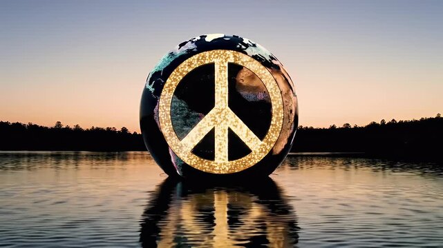 A large globe with a golden peace symbol rests in calm water at sunset, reflecting the serene sky. - Powered by Adobe
