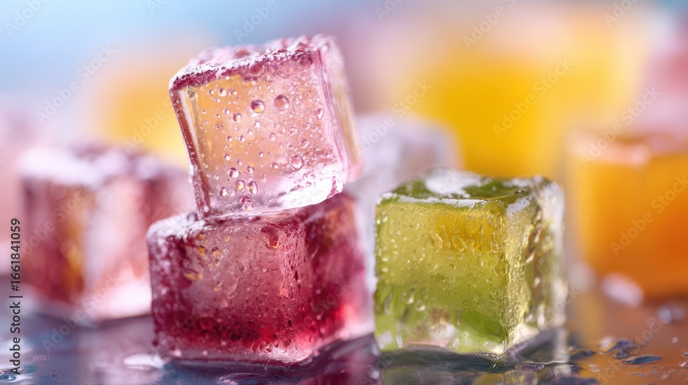 Poster stacked ice cubes with colorful refreshing drink background