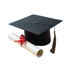 graduation cap with diploma certificate on transparent background, cutout