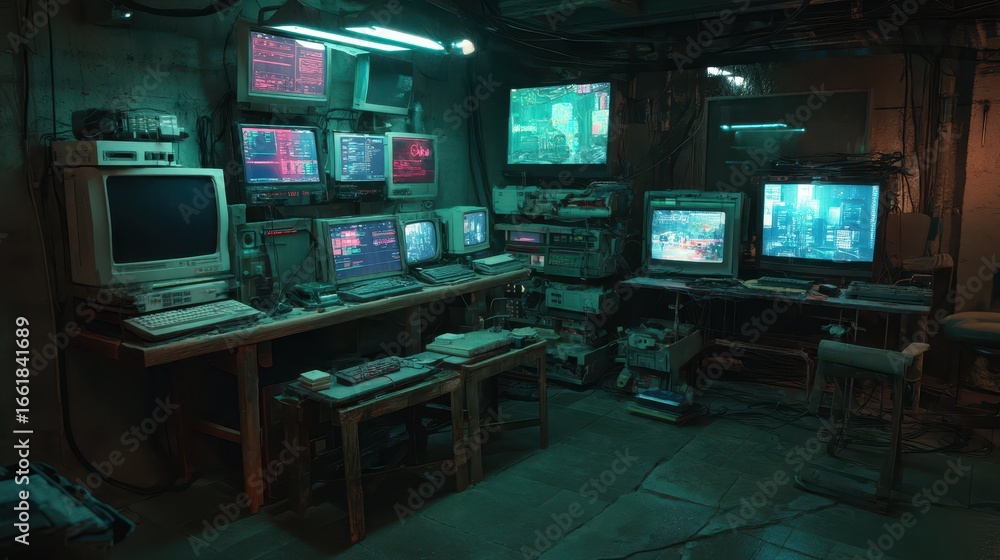 Poster high-tech cyberpunk lab with stacked monitors and glowing screens