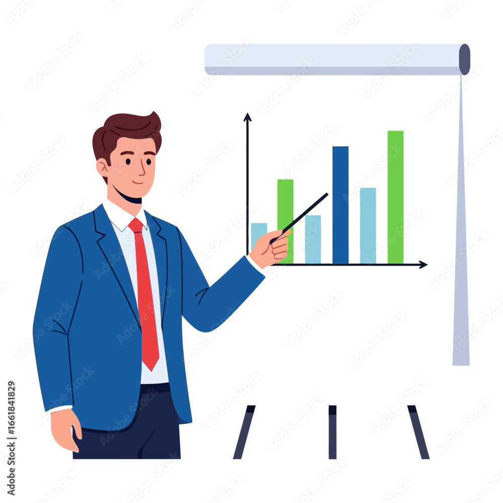 Poster business presentation: a confident presenter uses a pointer to highlight key data on a dynamic chart