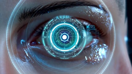 Closeup futuristic human eye enhanced with glowing digital interface technology scanning virtual data - Powered by Adobe