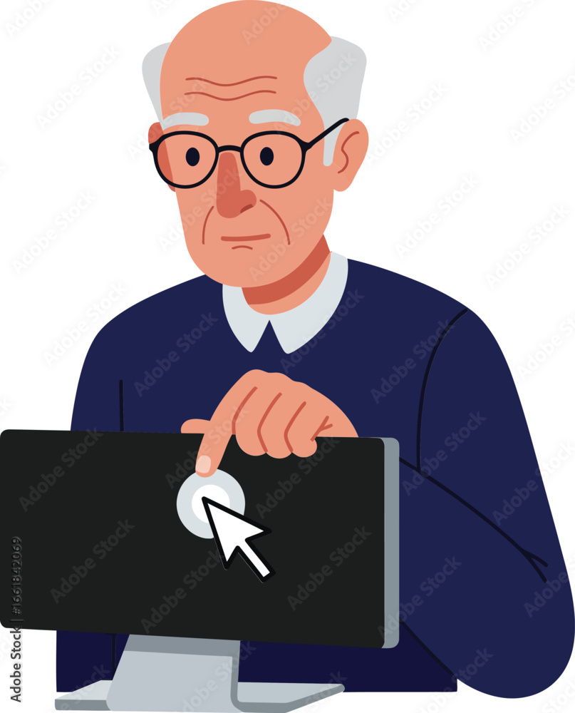 Poster elderly man using computer with focused expression holding monitor vector illustration