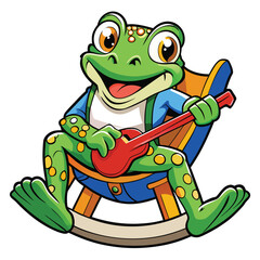 cartoon frog is sitting on a chair while playing a guitar
