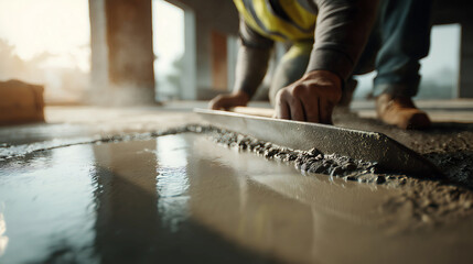 Close up construction worker pouring self-leveling concrete on a floor, using a gauge rake to spread the liquid material evenly smooth cement