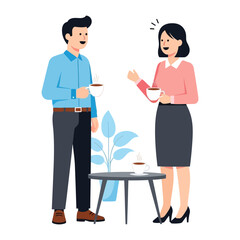 Obraz premium Coffee Break Chat: A professional man and woman engaged in an office conversation, savoring their warm coffee. The atmosphere is relaxed, filled with friendly conversation.