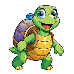 smiling turtle is carrying a backpack with a shining diamond on top
