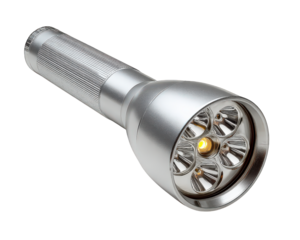 Silver flashlight metallic torch handheld utility tool compact pocket light LED bulb emergency equipment isolated background modern design durable portable