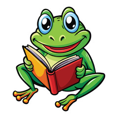 green frog is sitting while reading a book