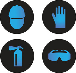 Safety and Fire Protection Icons Set, safety icons, fire extinguisher, hard hat, safety gloves, protective goggles, workplace safety, PPE icons, construction safety, fire safety, emergency equipment,