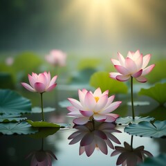Fototapeta premium Serene pink lotus flowers bloom in misty morning light