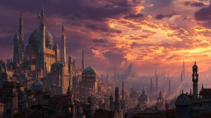 Obraz premium Steampunk City Skyline at Golden Hour with Dramatic Clouds