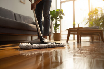 Middle-aged man cleaning wooden floor with modern mop, minimalist home atmosphere