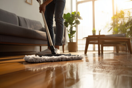 Middle-aged man cleaning wooden floor with modern mop, minimalist home atmosphere