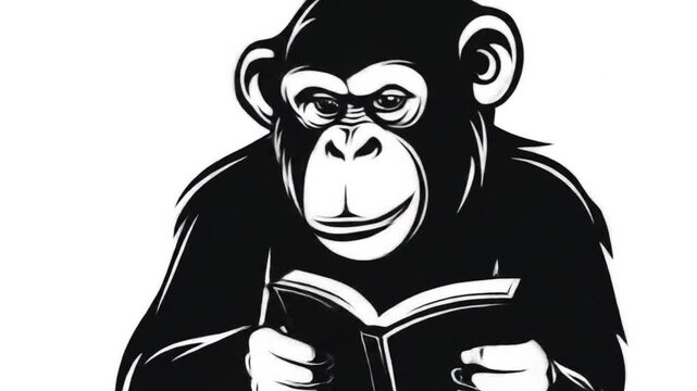 Black and white illustration of a chimpanzee holding a book