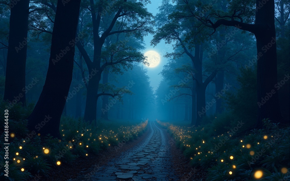 Wall mural enchanted forest path with fireflies and full moon at night. high quality