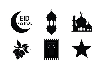 Islamic cultural symbols crescent moon mosque lantern prayer rug star and olives eid festival islamic symbols