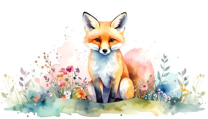 Watercolor Fox in Floral Meadow, Artistic Illustration with Soft Colors and Details
