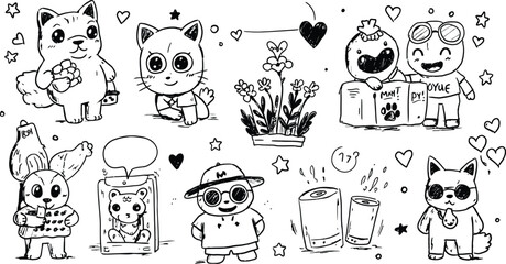 Fototapeta premium Cute cartoon animals with glasses hearts flowers and love symbols vector illustration black and white doodles