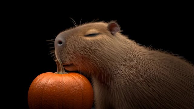 capybara with orange pumpkin on black background, halloween, all saints day, cute animal, october 31, gopher, prairie dog