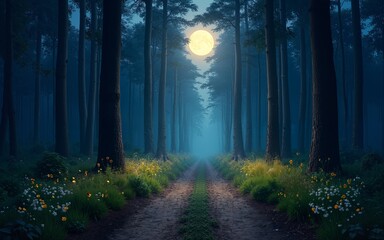Fototapeta premium Enchanted Forest Path with Fireflies and Full Moon at Night. High quality