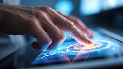 Close-up of finger touching glowing futuristic digital interface with circular elements image photo