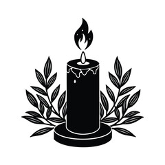 Black and white illustration of a lit candle with leaves
