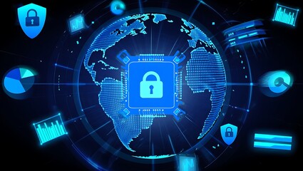 Digital globe with central security lock icon and surrounding data charts and shields technology earth