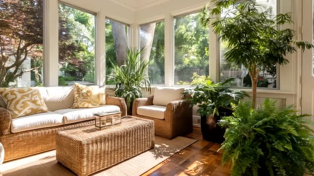 A sun-drenched sunroom filled with lush greenery and comfortable wicker furniture.
