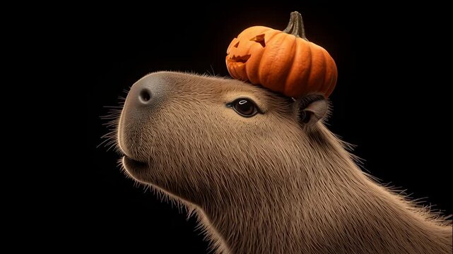 capybara with orange pumpkin on black background, halloween, all saints day, cute animal, october 31, gopher, prairie dog