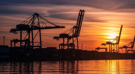 Obraz premium Golden Sunset Silhouettes Industrial Gantry Cranes at a Commercial Harbor.