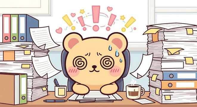 Overwhelmed cartoon bear cub at office desk with stacks of paper and