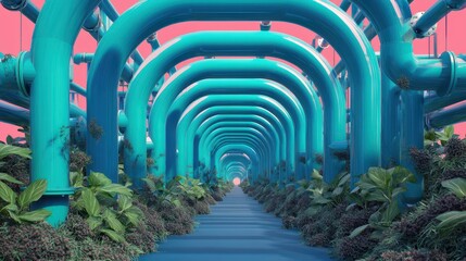 Surreal Looping Pipes Surrounded by Lush Green Plants and Pink Sky