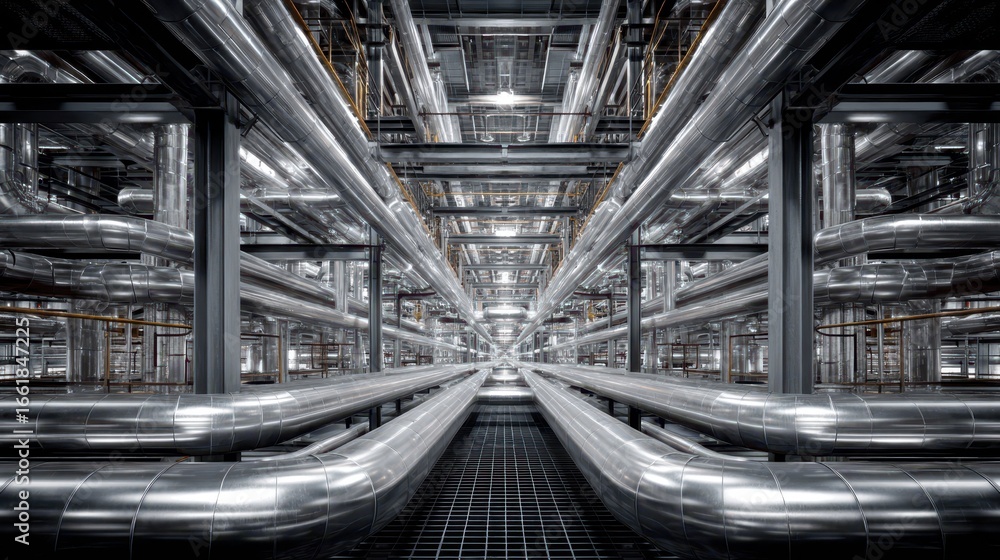 Poster symmetrical pipeline architecture in a modern industrial setting
