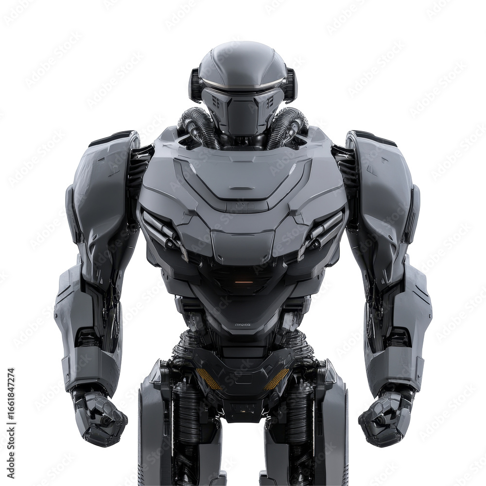 Poster futuristic robot design with metallic armor and advanced technology