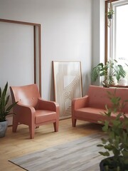 Modern living room with a terra cotta armchair and sofa against the wall with frame, showcasing Scandinavian interior design.