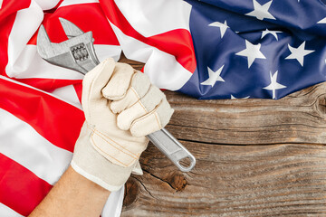 Labor Day celebration in America with tools and American flag. top view. copy space