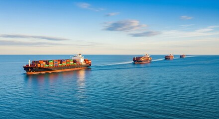 Line of Majestic Cargo Ships Navigating Vast Blue Ocean Under Clear Sky Symbolizing Global Trade.