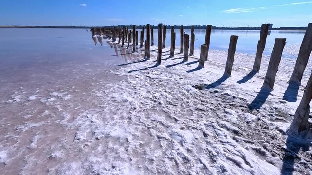 Shallow Kuialnyk Estuary, white table salt, Sodium Chloride crystals settled