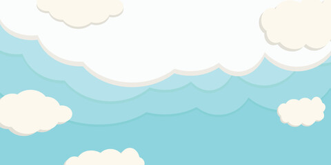 Sky banner with white paper cut clouds Blue background, modern layered papercraft design, Decorative backdrop for posters, flyers, invitations, web templates and creative projects Copy space for text