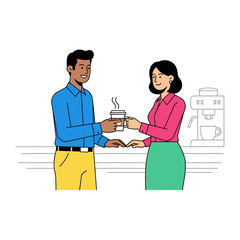 Coffee Exchange: A casual exchange between colleagues, a shared moment of camaraderie and a steaming cup of coffee. Capturing the essence of workplace social interaction and daily rituals.