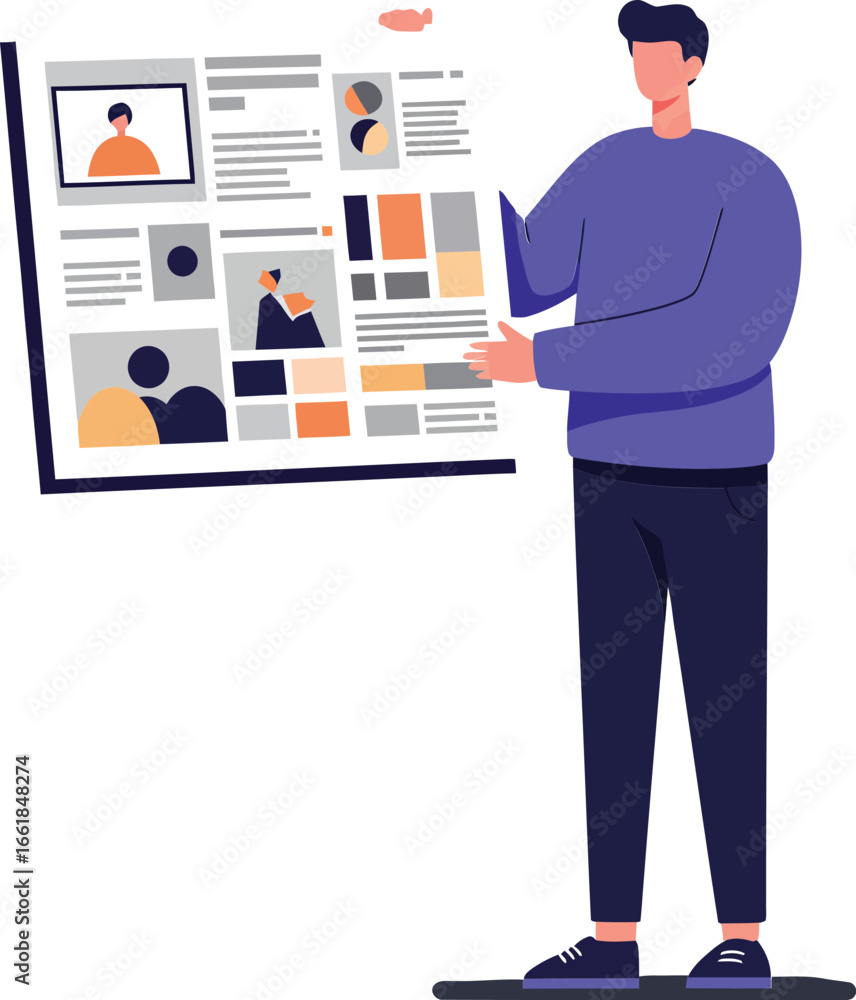 Poster man presenting digital board with profile pictures and data analytics in modern flat design vector